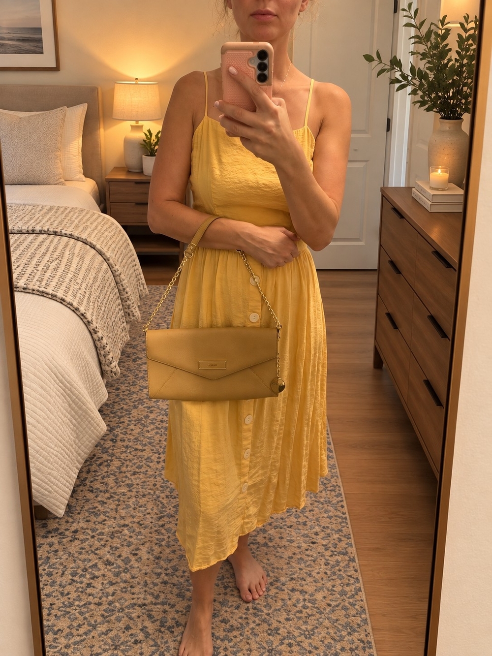 Dkny Mustard Yellow Leather Envelope Clutch with Chain Strap